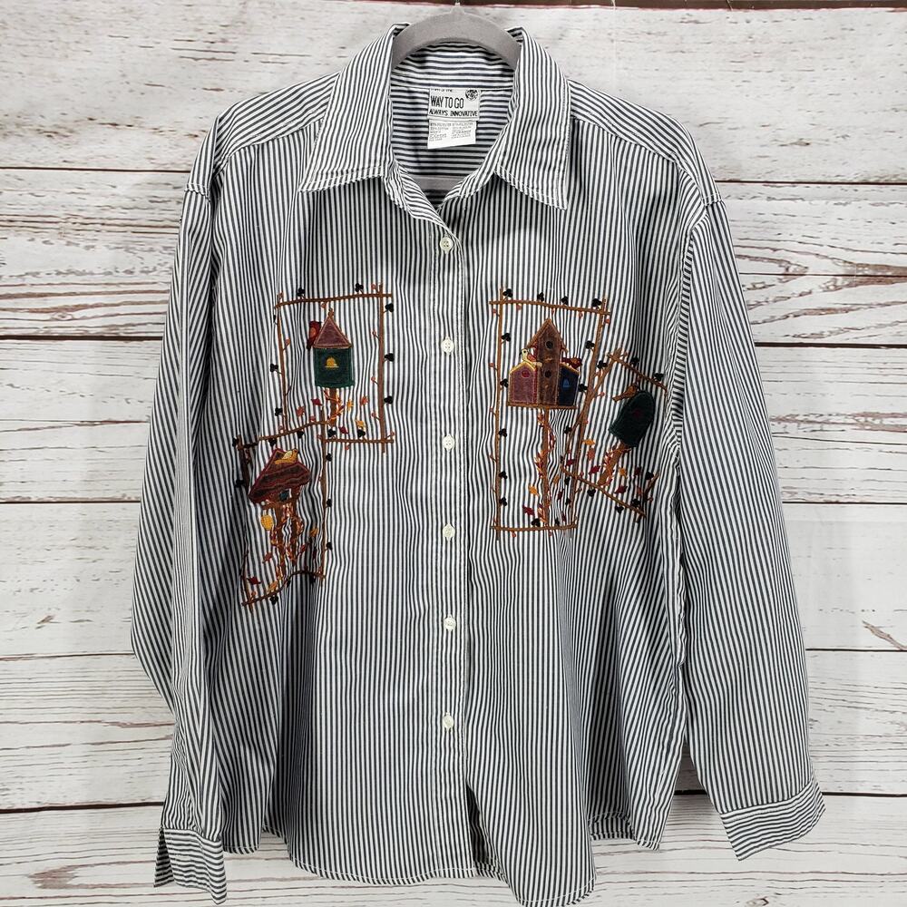 That's The Way To Go Women's Striped Embroidered Button Front Top XL